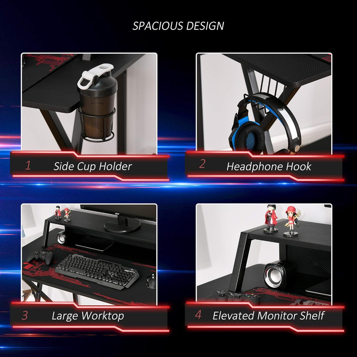 Black Carbon Fiber Style Gaming Desk with Elevated Monitor Shelf I680