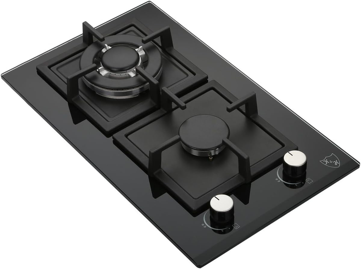 2 Burner 12 Inch Built-in LPG/Propane Gas Stove Top Glass Surface Cast Iron Cooktop X35256