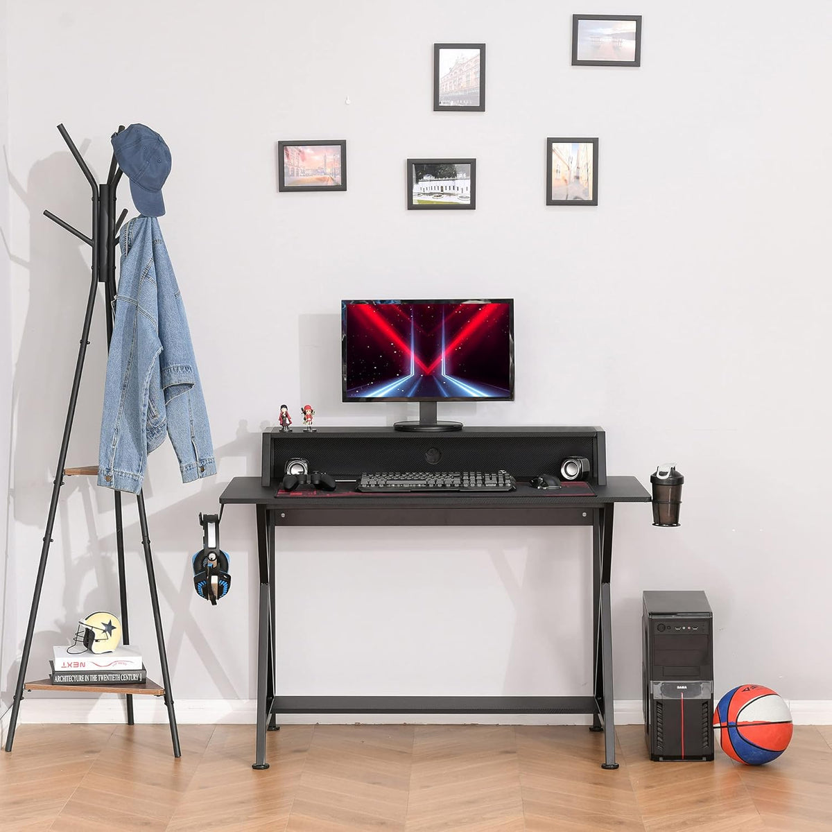 Black Carbon Fiber Style Gaming Desk with Elevated Monitor Shelf I680