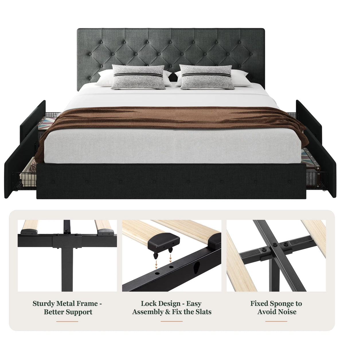 King Size Platform Bed Frame with Headboard and 4 Drawers, Dark Grey P213565