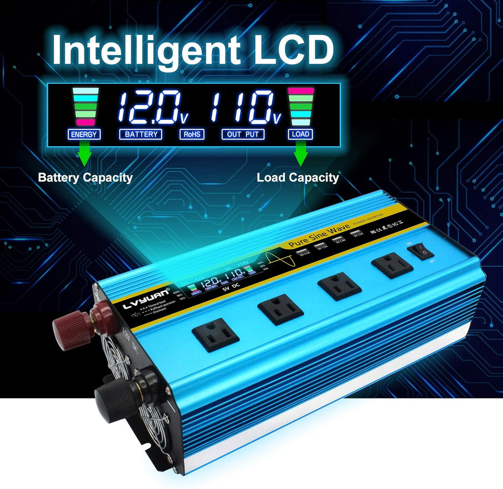 Pure Sine Wave Inverter 2500 Watt 12V to 110V DC to AC with Remote Controller LCD Display 4 AC Sockets 4 USB Charge Ports O145225
