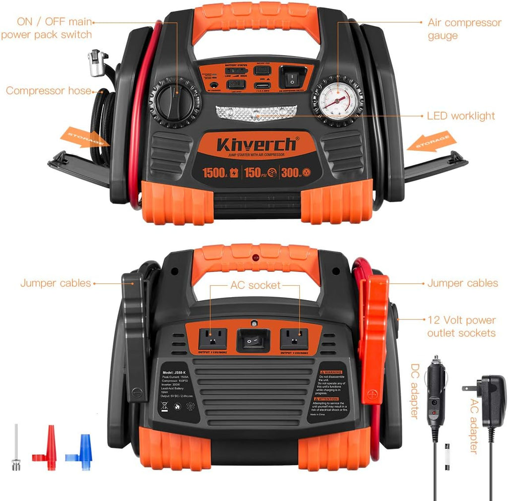 Portable Car Jump Starter 1000 Peak Amp 12-Volt with 1-USB 1-12V Power Ports & 150 PSI Air Compressor E5870
