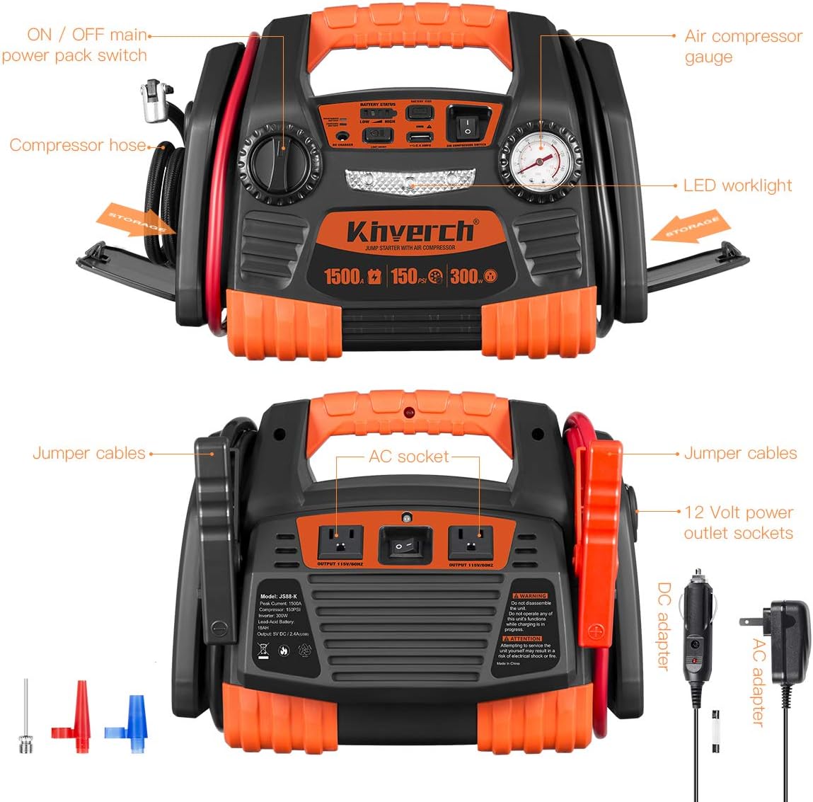 Portable Car Jump Starter 1000 Peak Amp 12-Volt with 1-USB 1-12V Power Ports & 150 PSI Air Compressor E5870