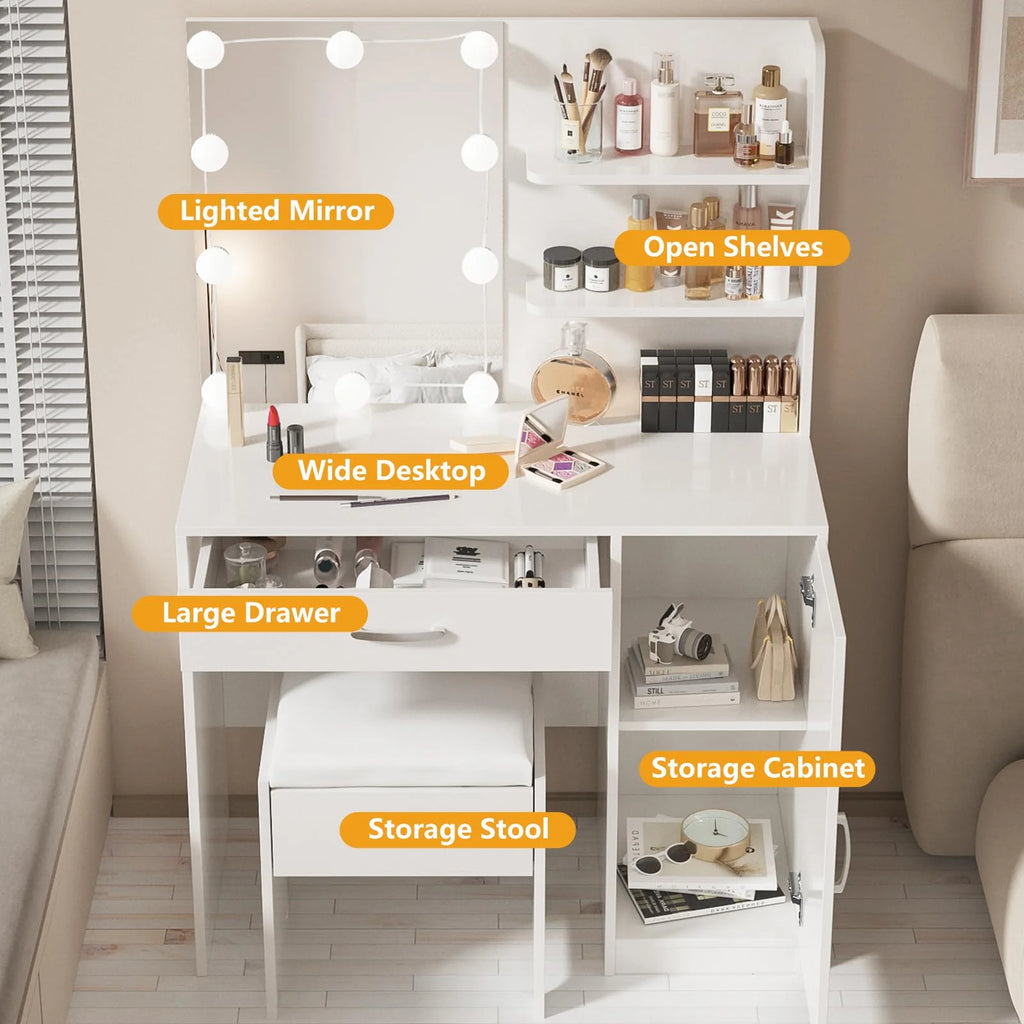 White Makeup Vanity Table Set with Lighted Mirror and Stool R6943