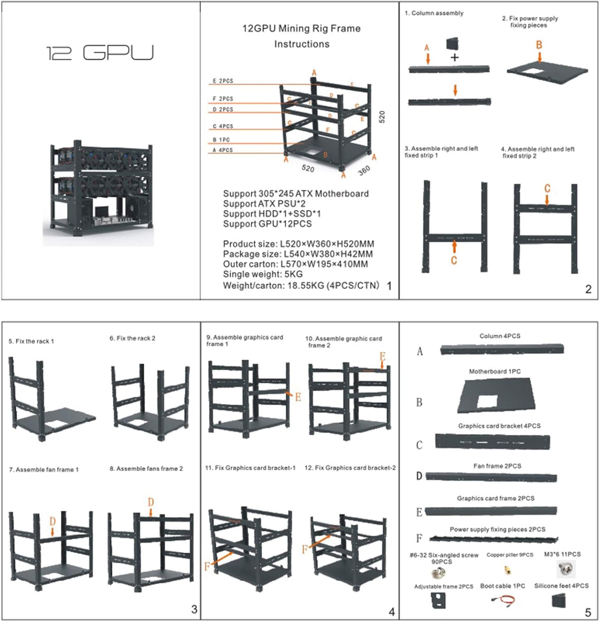 Mining Rig Frame for 12 GPU Open Mining Case Rack R90163