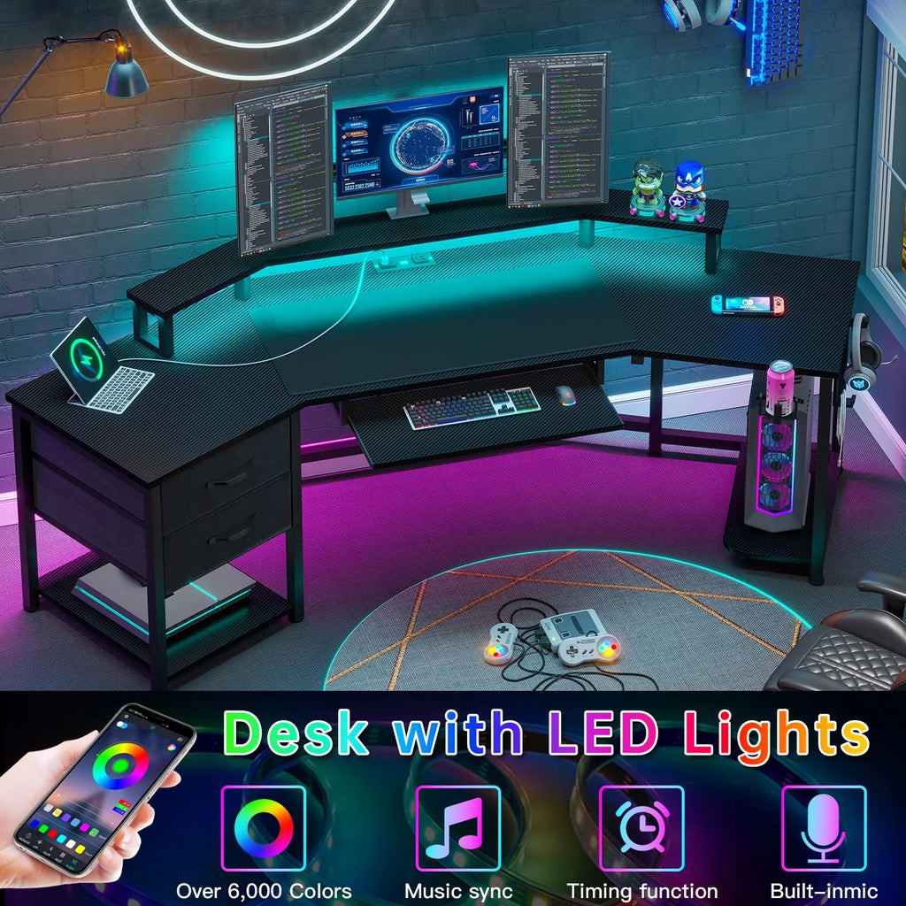 Black L Shaped Gaming Desk with LED Lights, Power Strip, 2 Fabric Drawers, Storage Shelf, Keyboard Tray S8951
