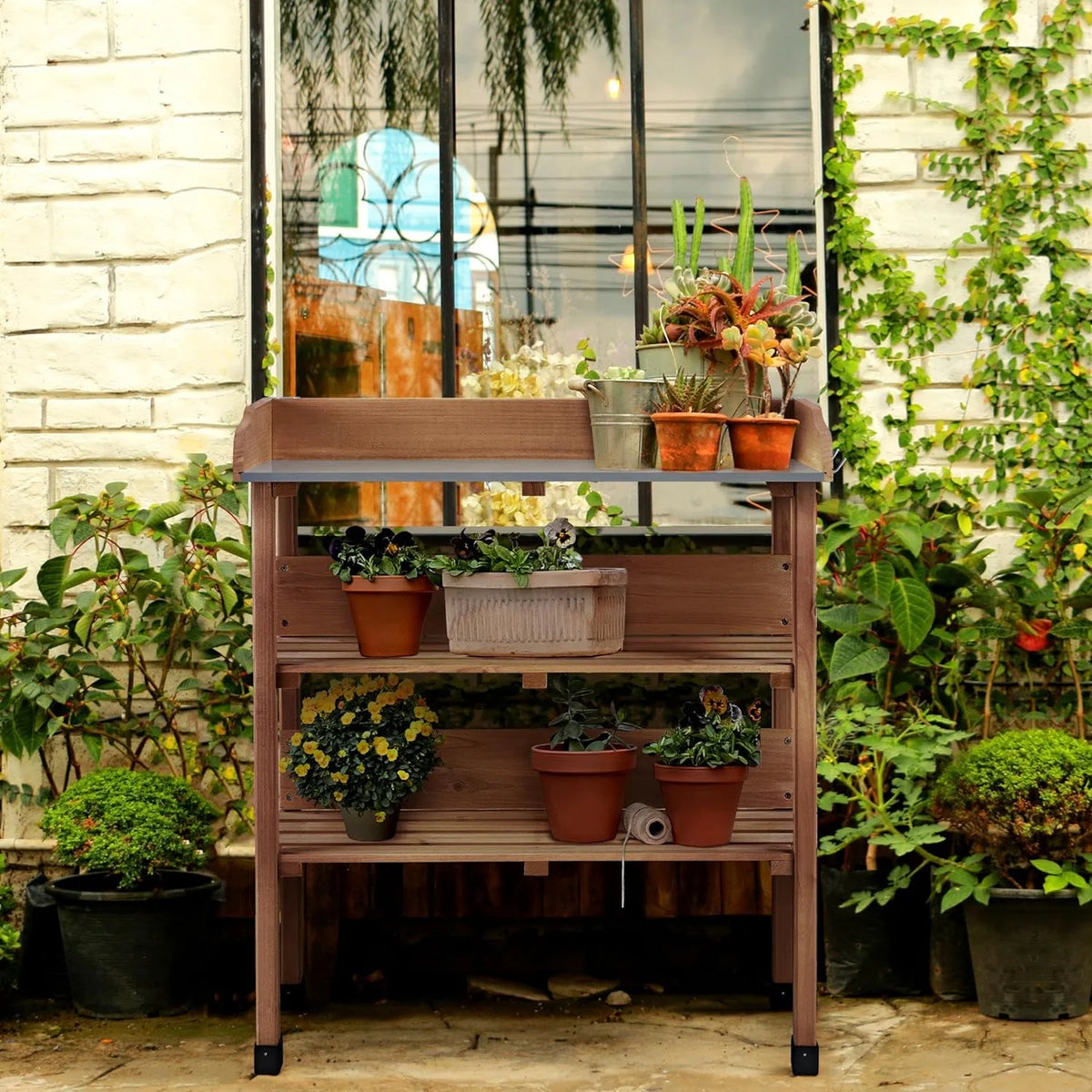 Brown Wooden Potting Bench with Metal Tabletop and Storage Shelf X912
