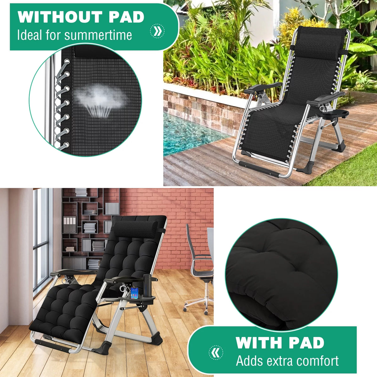 Zero Gravity Chair with Side Table, Padded Lounge Chair, Black Y215908
