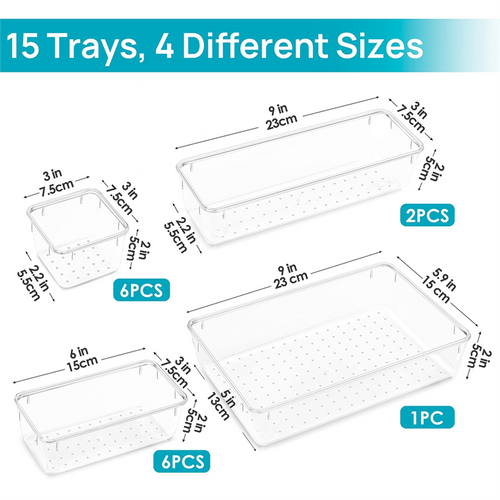 15PCS Clear Plastic Drawer Organizer Set Storage Bins B9447