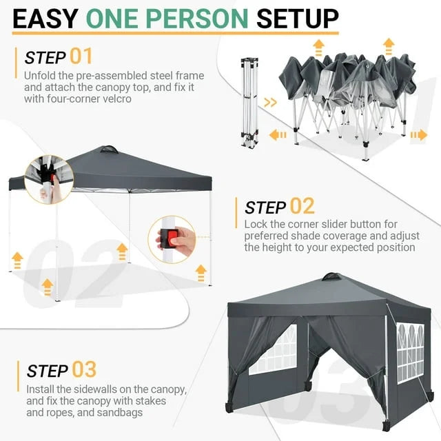10'x10' Pop up Canopy Tent with 4 Side Walls and Carry Bag Z9516