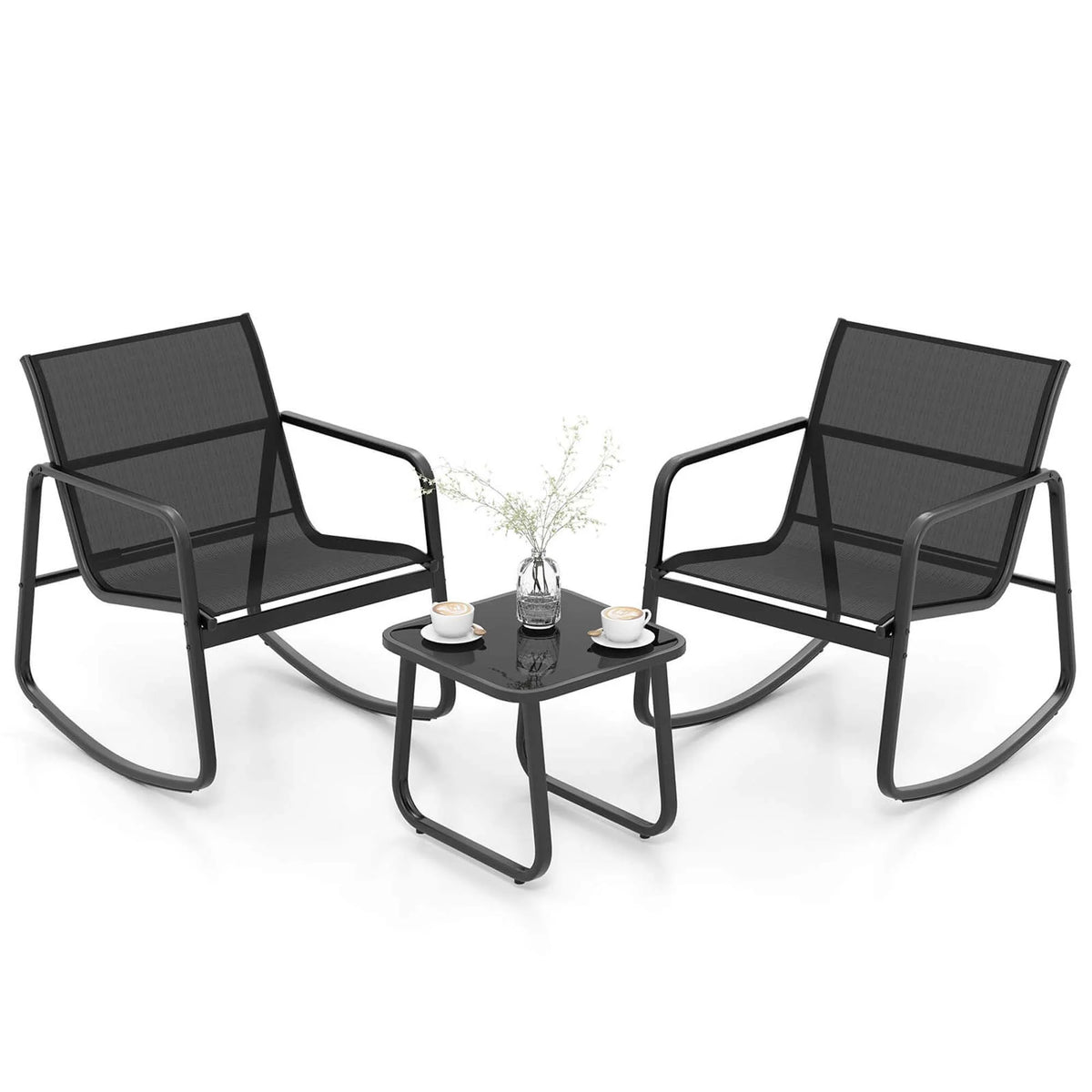 3 Piece Patio Rocking Set 2 Rocking Bistro Chairs & Glass-Top Table H30564