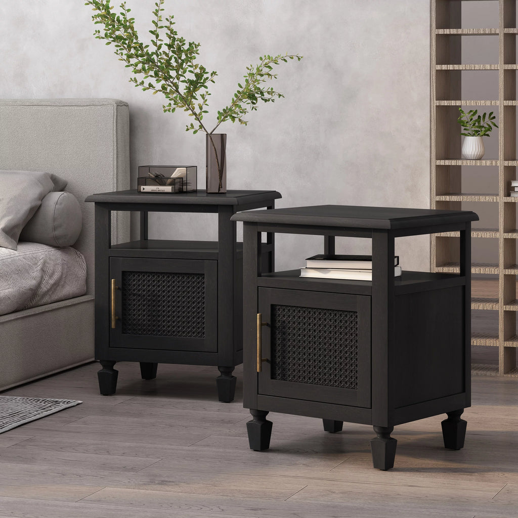 Acacia Wood and Cane Nightstands Set of 2 U696