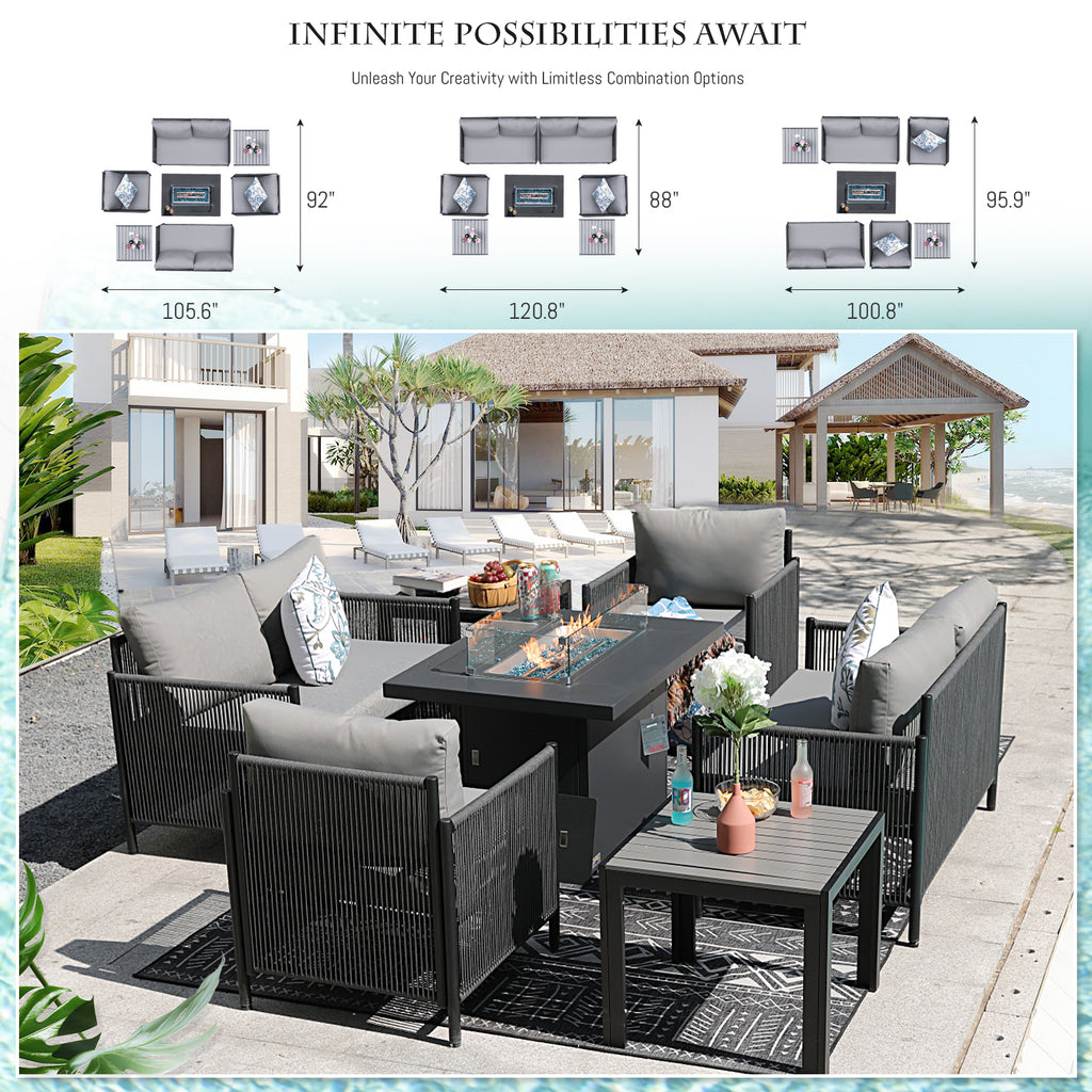 Grey Rope Patio Sectional Sofa Set with Fire Pit Table, 9 Pcs Outdoor Furniture Set F85261