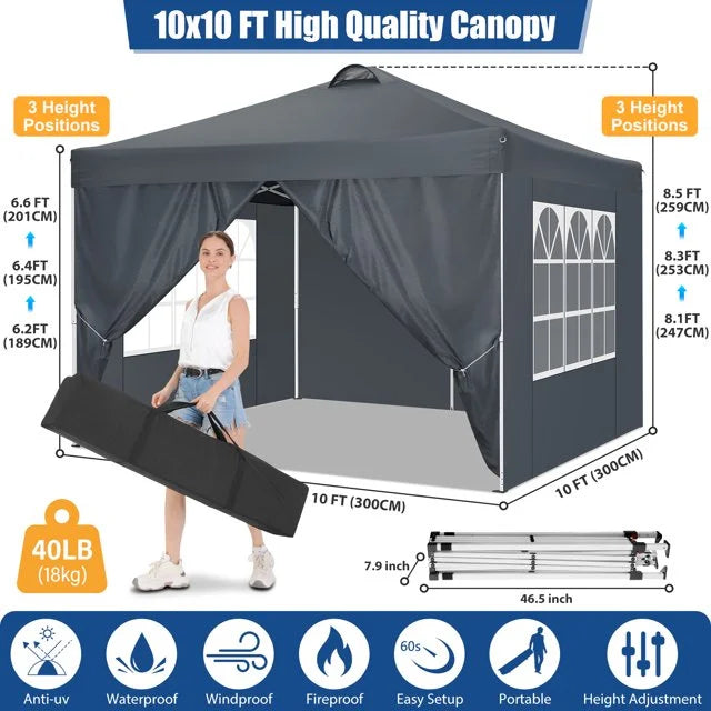 10'x10' Pop up Canopy Tent with 4 Side Walls and Carry Bag Z9516