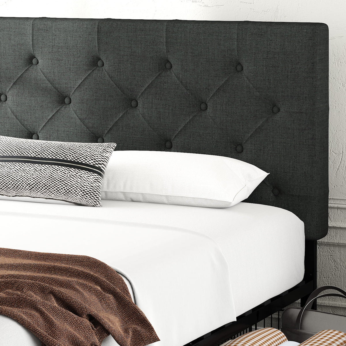 King Size Platform Bed Frame with Headboard and 4 Drawers, Dark Grey P213565