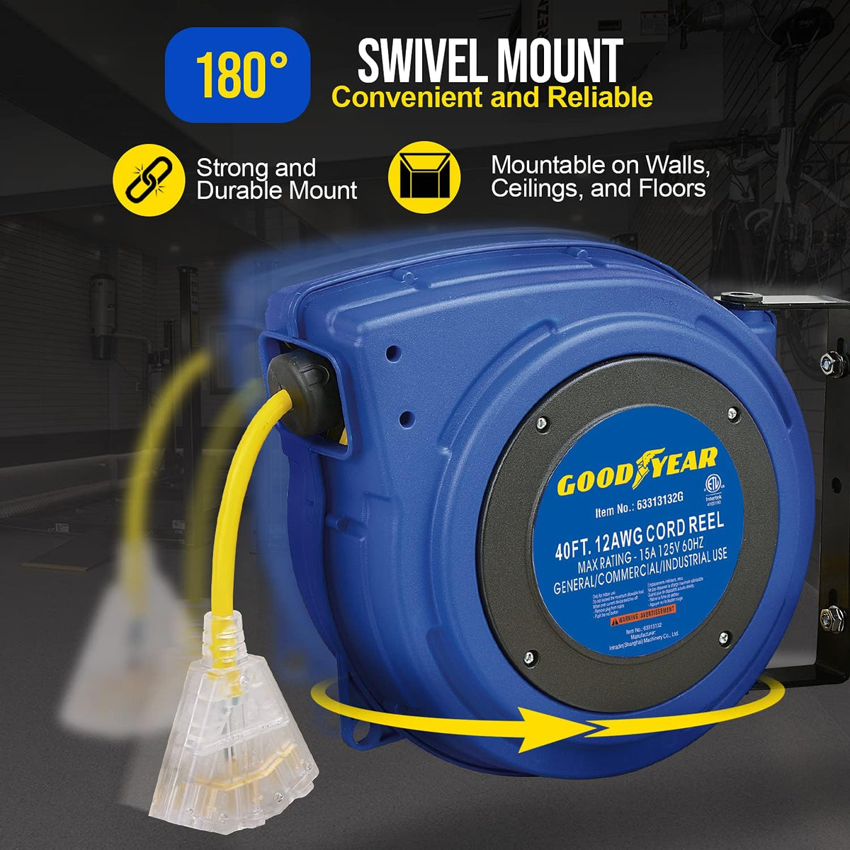 Extension Cord Reels 12AWG 40 FT SJTOW Cable with LED Light-Up Tap X339789