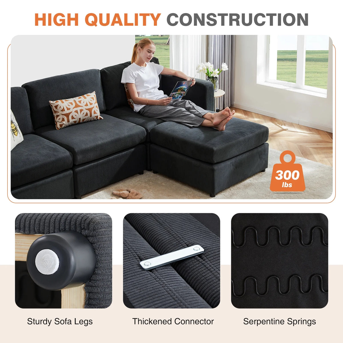 Dark Grey 5 Seat L Shaped Sectional Sofa F176