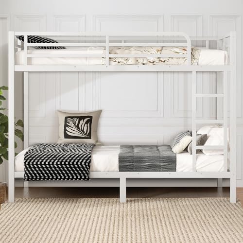 Twin XL Over Twin XL Black Metal Bunk Bed with Ladder and Guardrail V9807
