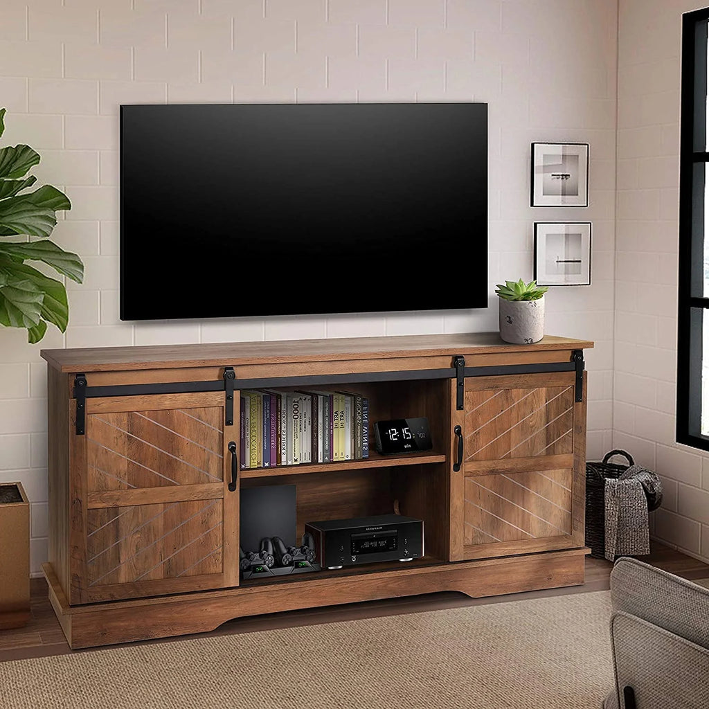 58 inches Farmhouse Wood TV Stand with Sliding Barn Door C113555