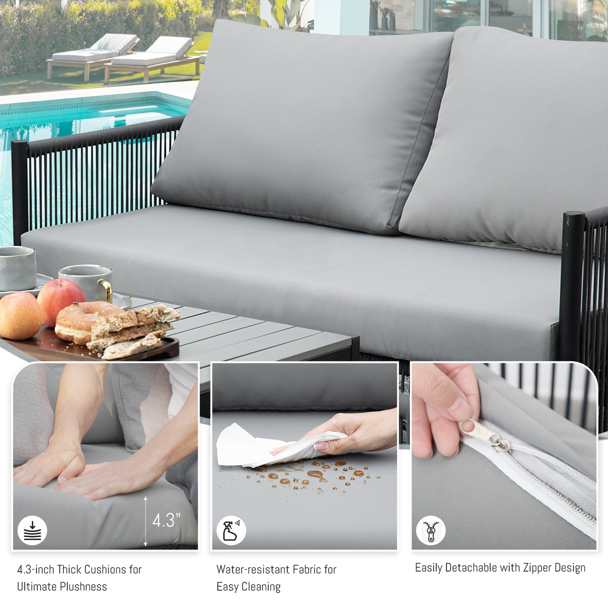 Grey Rope Patio Sectional Sofa Set with Fire Pit Table, 9 Pcs Outdoor Furniture Set F85261