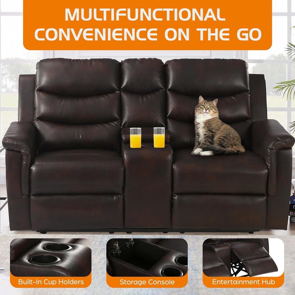 68" Wall Hugger RV Couch with Console Cup Holder Double Seat Reclining Chair Browm C75799