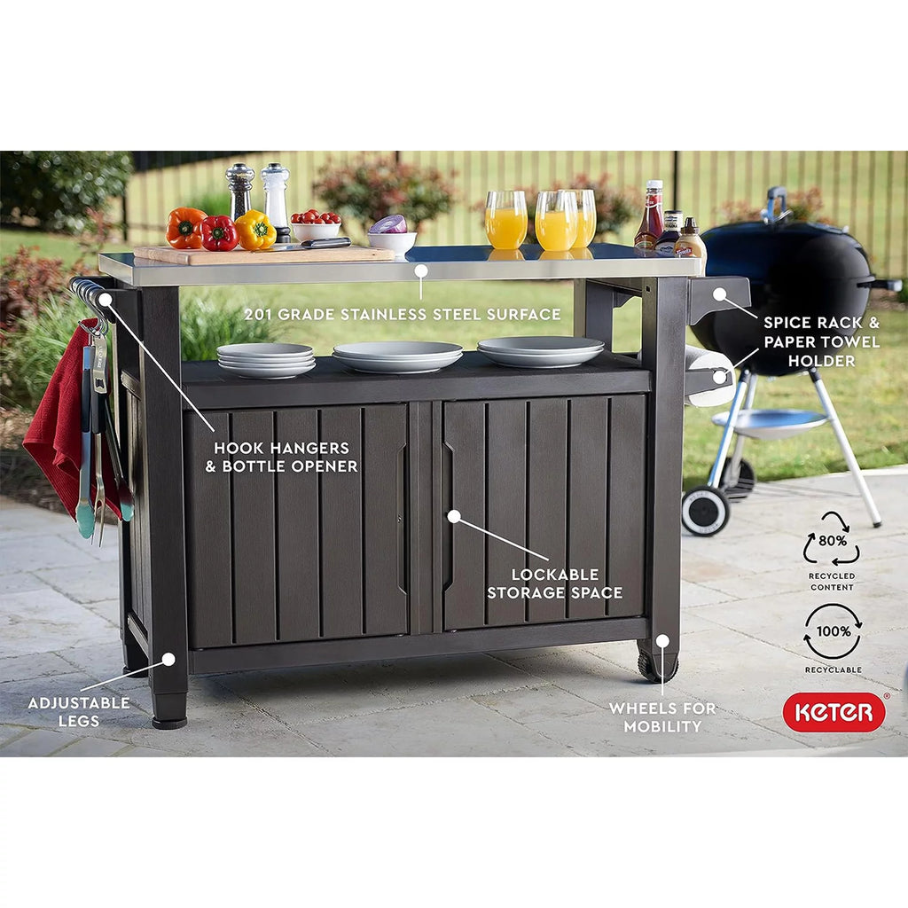 Brown Outdoor Kitchen Bar Rolling Cart with Storage Cabinet T493777