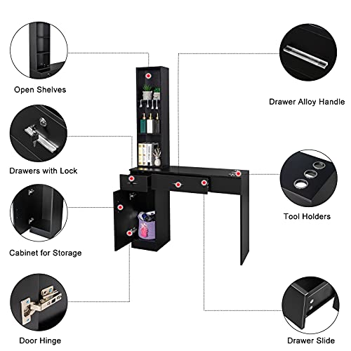 Black Wall Mount Barber Station with Mirror, 2 Drawers, 1 Storage Cabinet, 3 Open Shelves Y560