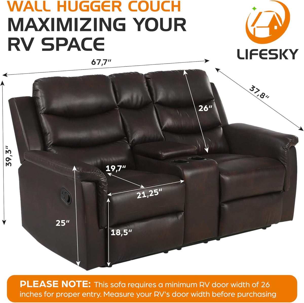 68" Wall Hugger RV Couch with Console Cup Holder Double Seat Reclining Chair Browm C75799