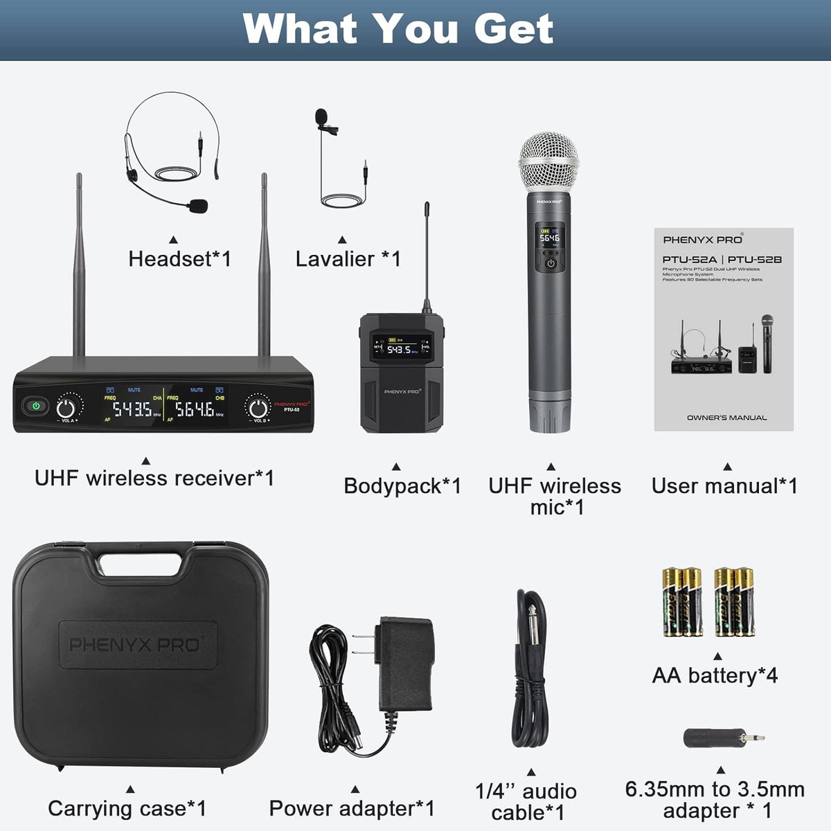 UHF Wireless Microphone System, 30 Adjustable Frequencies, Handheld/Bodypack/Headset/Lapel Mic Set with Case G485