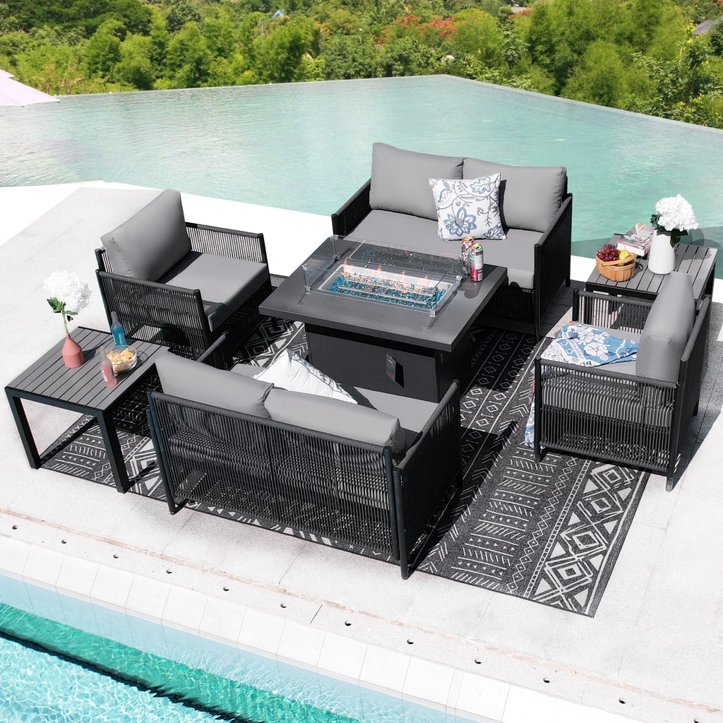 Grey Rope Patio Sectional Sofa Set with Fire Pit Table, 9 Pcs Outdoor Furniture Set F85261