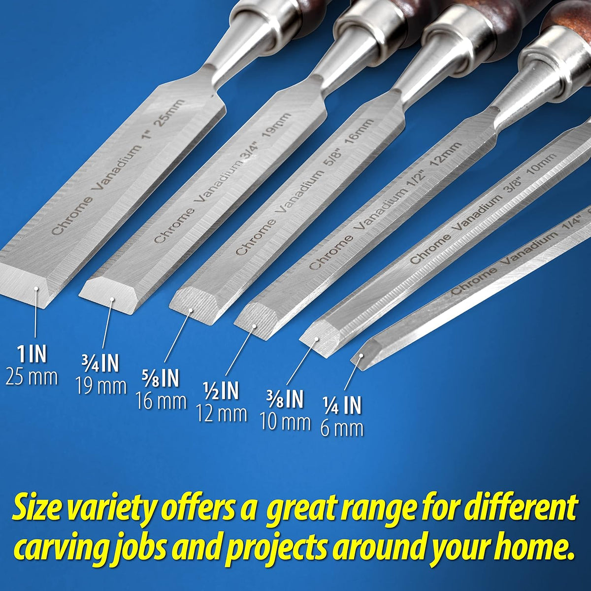 8 Piece Wood Chisel Set with Walnut Handles, Chrome Vanadium Blades, Sharpening Stone, Honing Guide, Wooden Storage Case V909053