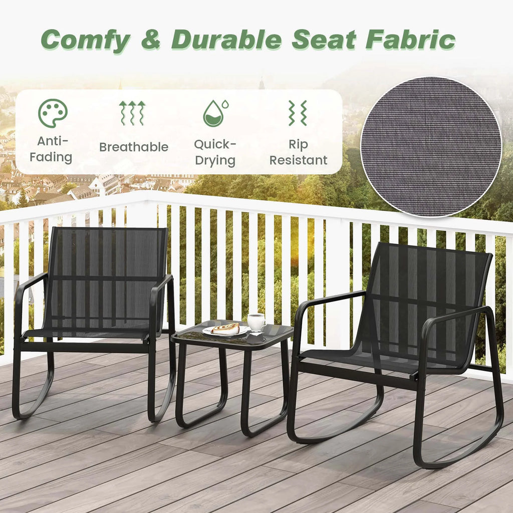 3 Piece Patio Rocking Set 2 Rocking Bistro Chairs & Glass-Top Table H30564