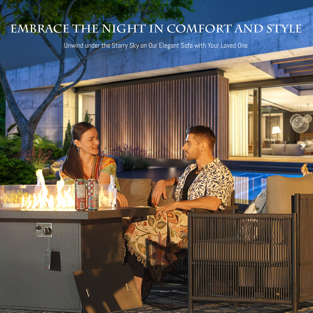 Grey Rope Patio Sectional Sofa Set with Fire Pit Table, 9 Pcs Outdoor Furniture Set F85261