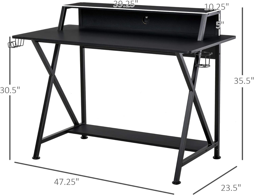 Black Carbon Fiber Style Gaming Desk with Elevated Monitor Shelf I680