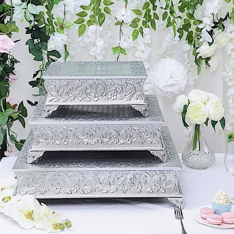 Silver Square Embossed Wedding Cake Stand Riser L65054