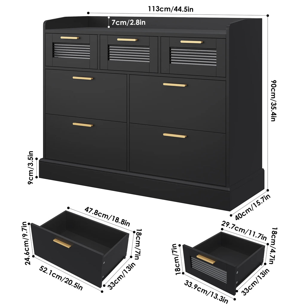 White 7 Drawer Glass Panel Wood Dresser Y852