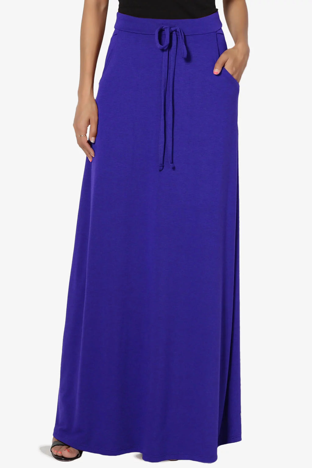 Drawstring Waist Pocket Jersey A-Line Maxi Skirt L910