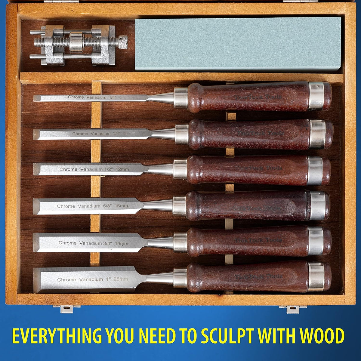 8 Piece Wood Chisel Set with Walnut Handles, Chrome Vanadium Blades, Sharpening Stone, Honing Guide, Wooden Storage Case V909053
