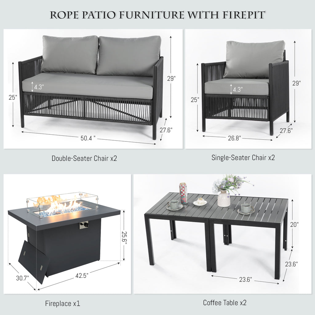 Grey Rope Patio Sectional Sofa Set with Fire Pit Table, 9 Pcs Outdoor Furniture Set F85261