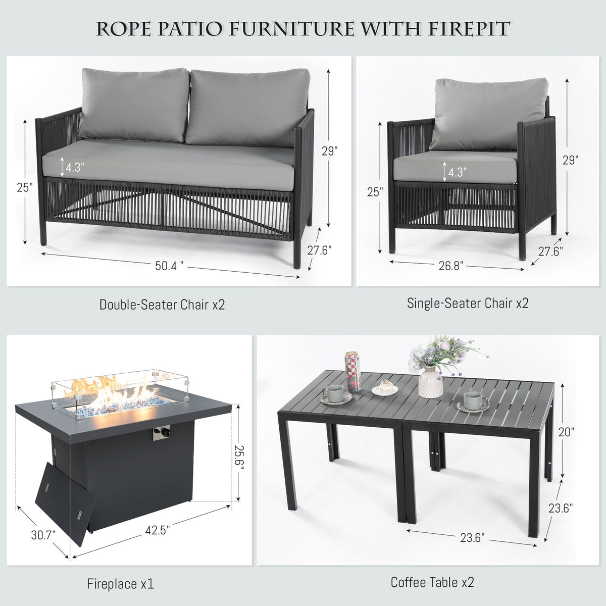 Grey Rope Patio Sectional Sofa Set with Fire Pit Table, 9 Pcs Outdoor Furniture Set F85261