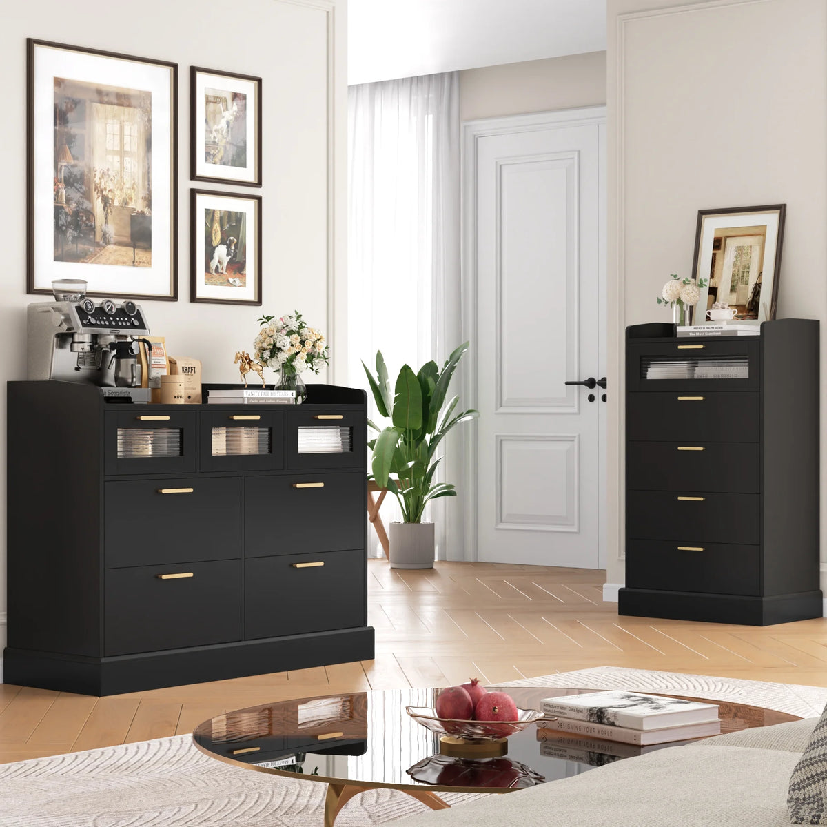 White 7 Drawer Glass Panel Wood Dresser Y852