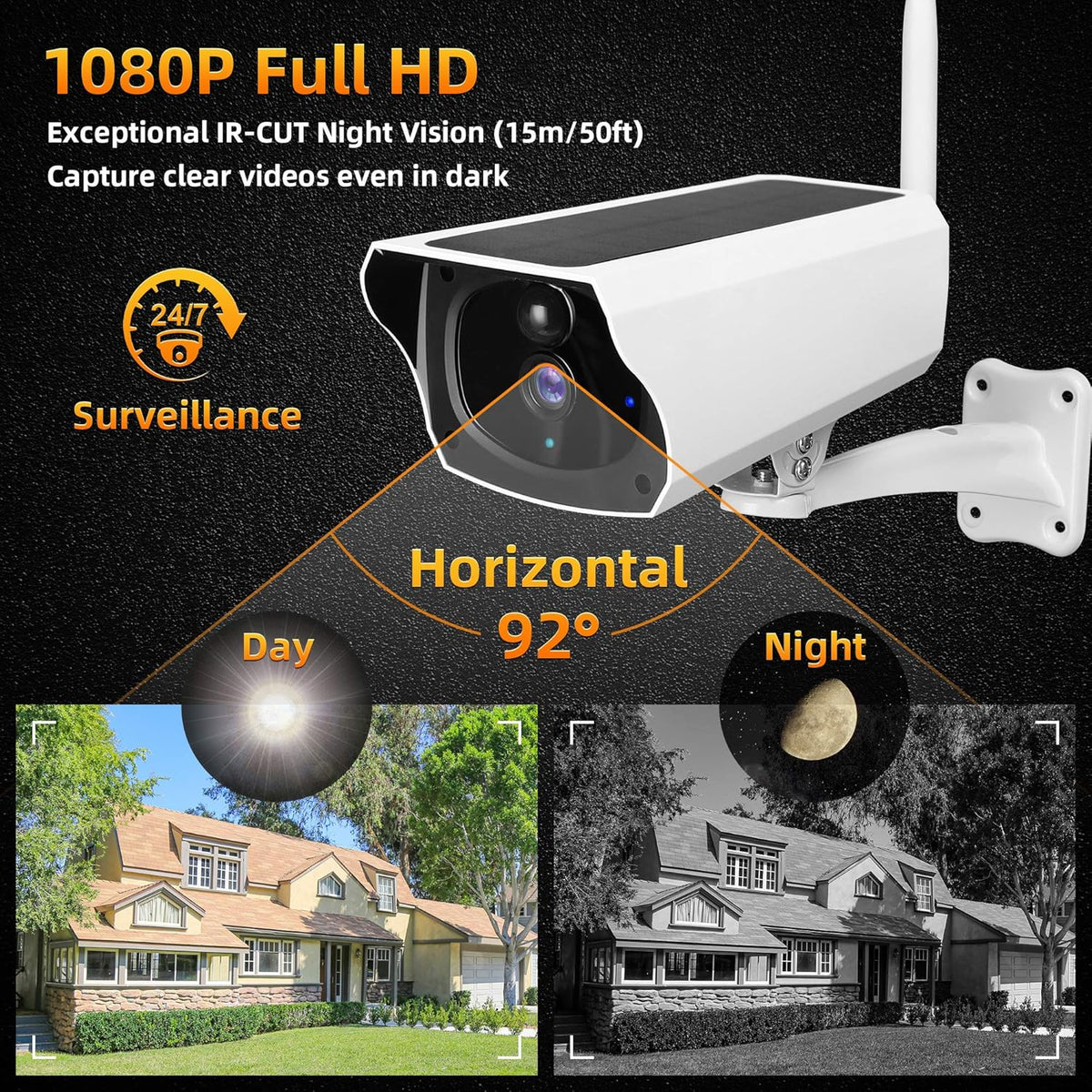 Outdoor Solar Security Camera 1080P HD Wireless WiFi Surveillance Camera with Night Vision, 2-Way Audio, IP67 Waterproof, 64G SD Card B35445