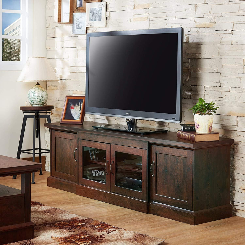 Rustic 68 TV Stand with Glass and Wood Cabinet Door Storage in Vintage Walnut P168