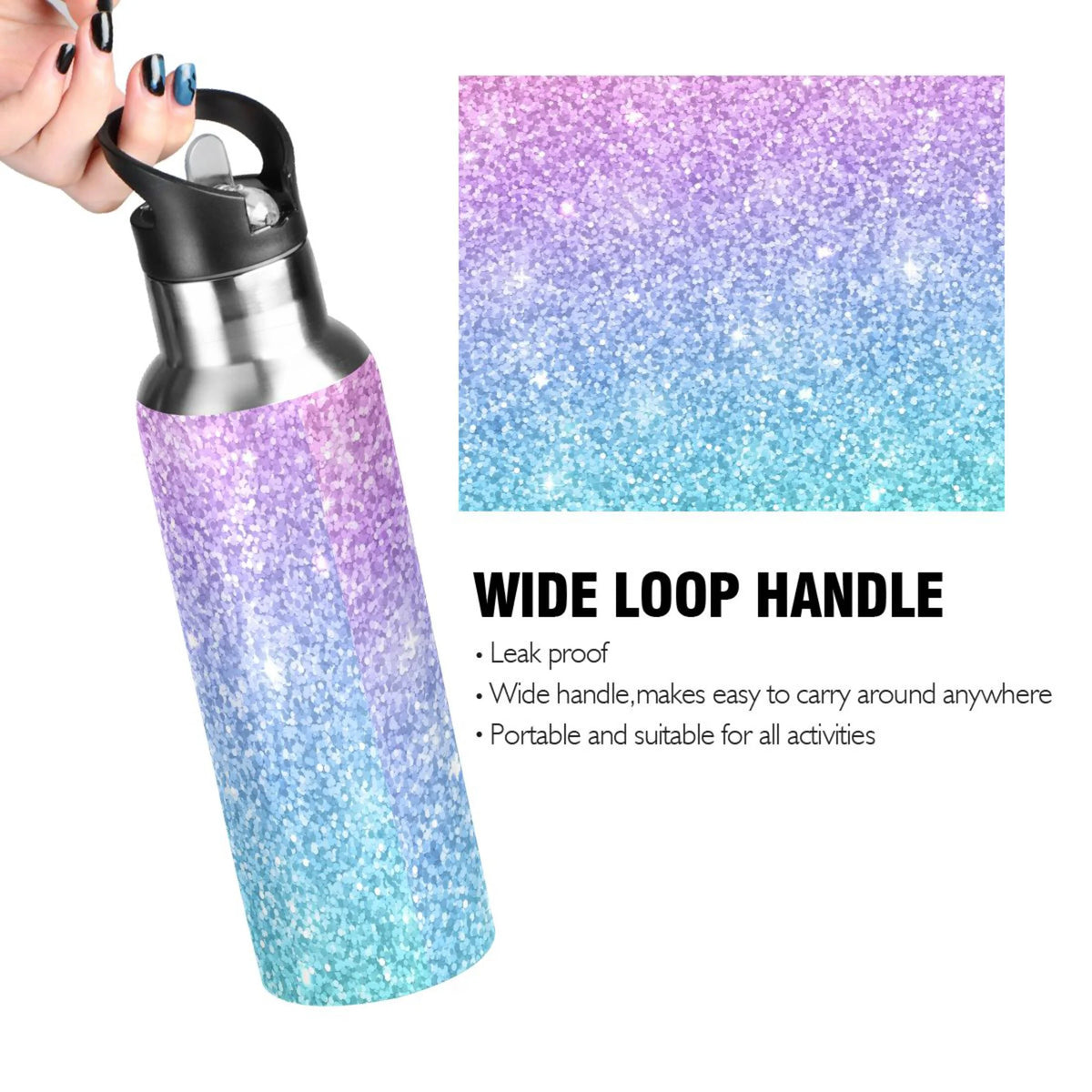 Glitter Gold Purple Green Stainless Steel Vacuum Insulated Water Bottle with Straw Lid 20 OZ R11080