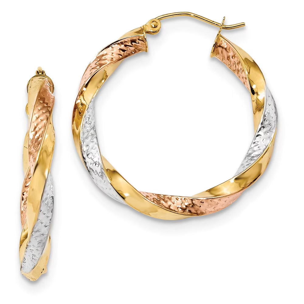 14kt Tri-color Polished Diamond Cut Twist Hoop Earrings A6756