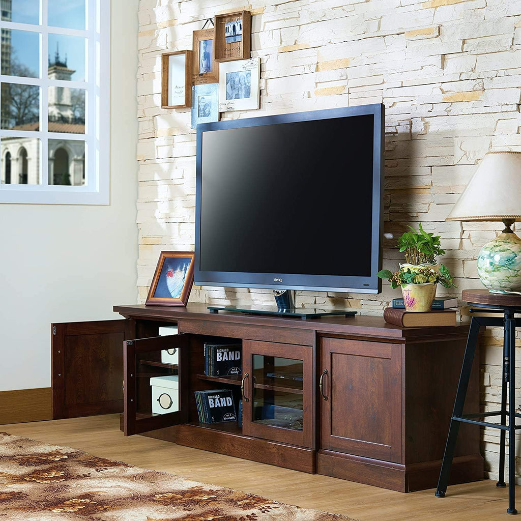 Rustic 68 TV Stand with Glass and Wood Cabinet Door Storage in Vintage Walnut P168