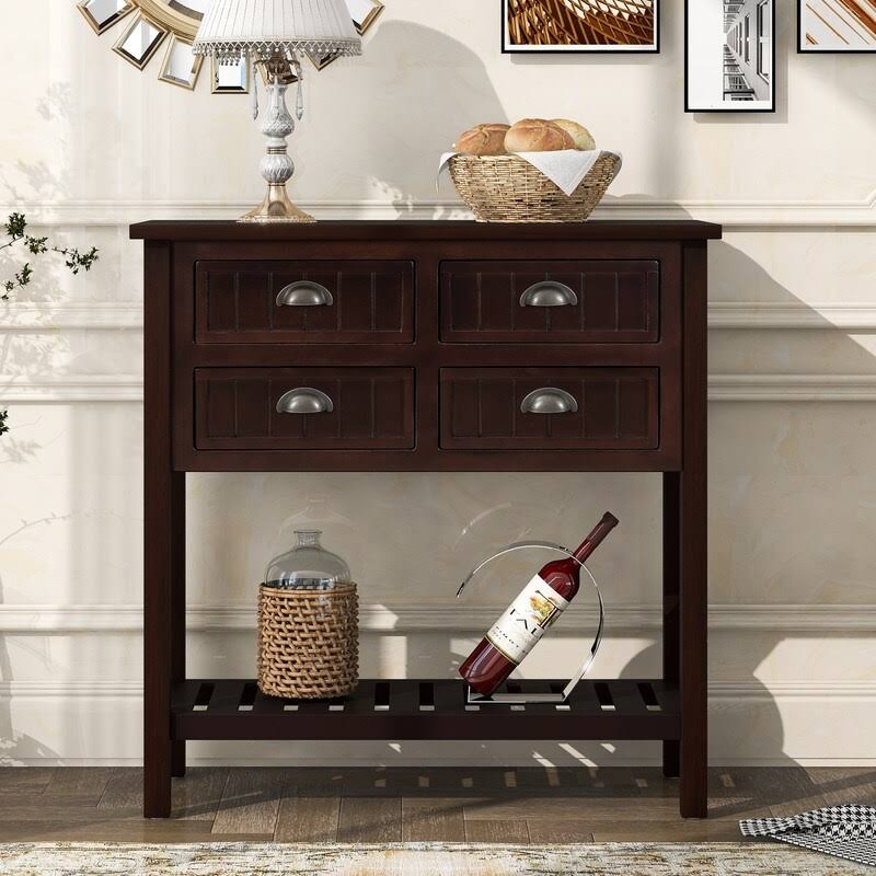 Solid Wood Console Table with 4 Drawers and Slatted Shelf H784