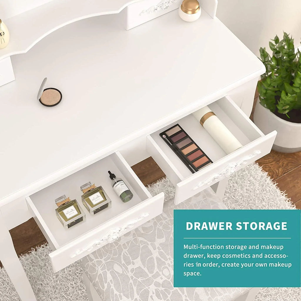White Dressing Table and Stool Set with 4 Drawers & Mirror X2770