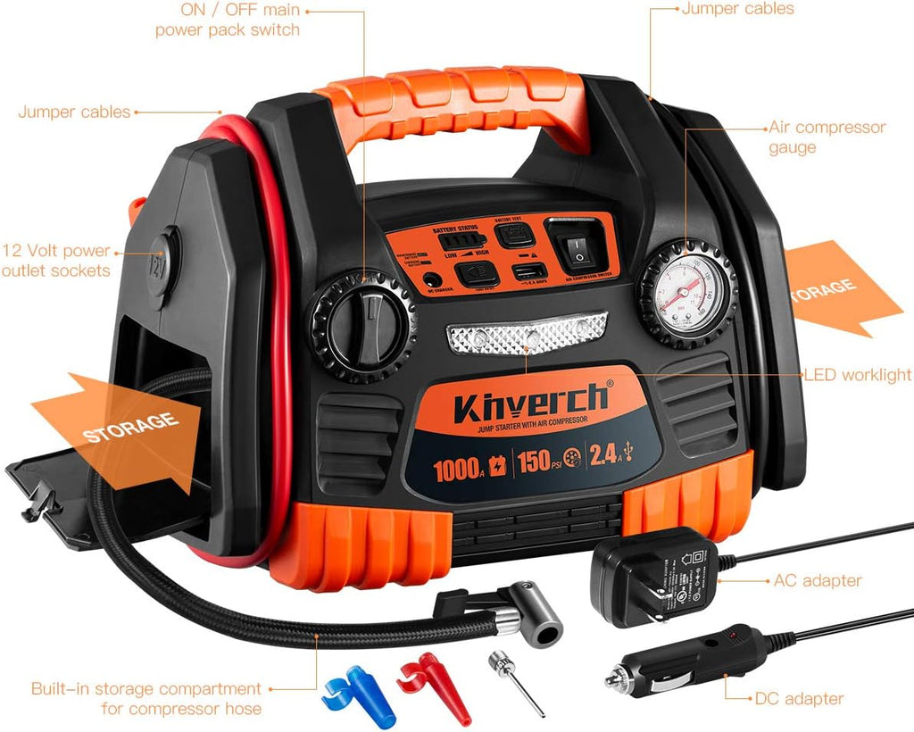 Portable Car Jump Starter 1000 Peak Amp 12-Volt with 1-USB 1-12V Power Ports & 150 PSI Air Compressor E5870