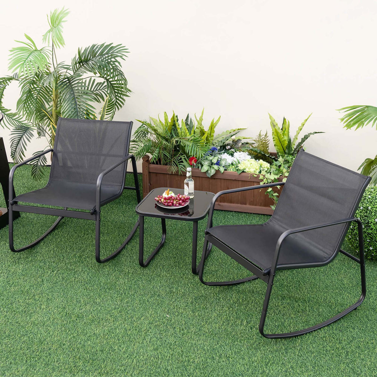 3 Piece Patio Rocking Set 2 Rocking Bistro Chairs & Glass-Top Table H30564